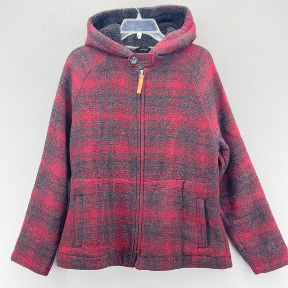 Woolrich Buffalo Plaid Charcoal Hunt Wool Blend Hooded Jacket Womens Size M - Picture 1 of 11